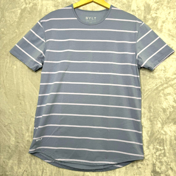 BYLT Drop Cut Top Mens Lux Large Blue Stripe Crew Neck Short Sleeve Stretch - Picture 1 of 10